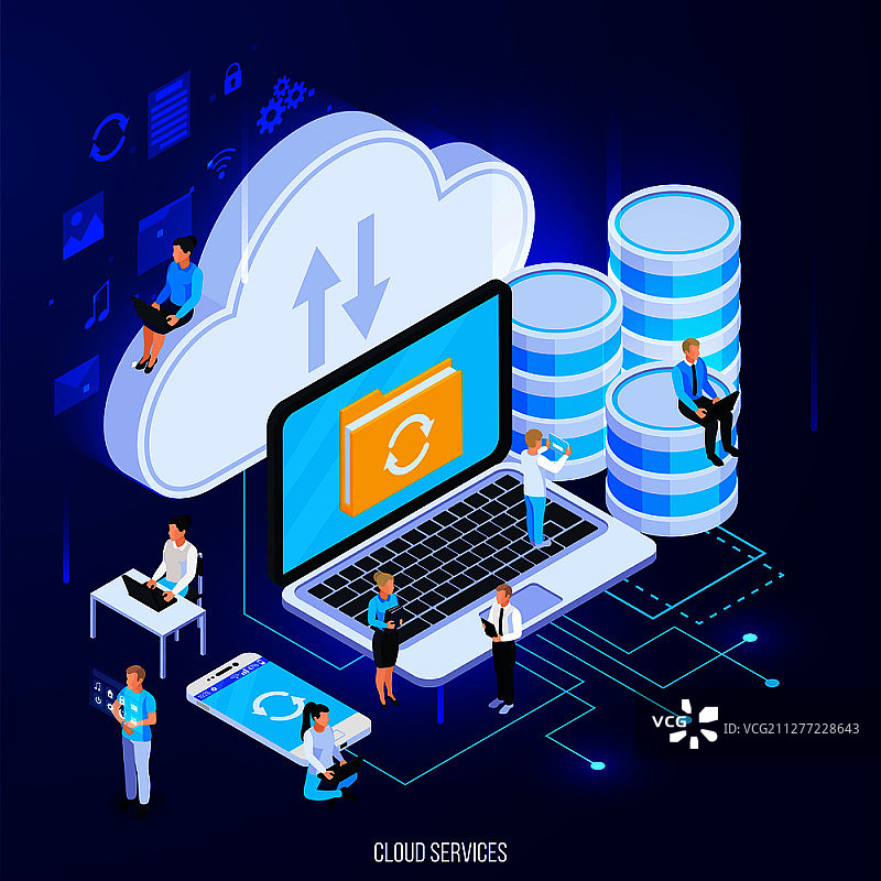 带扁平轮廓象形图和云存储大图标的云服务等距组合，人物矢量插图图片素材