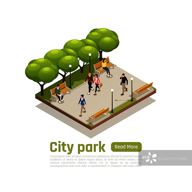 城市2.5D概念：城市公园标题、阅读按钮和行人矢量图图片素材