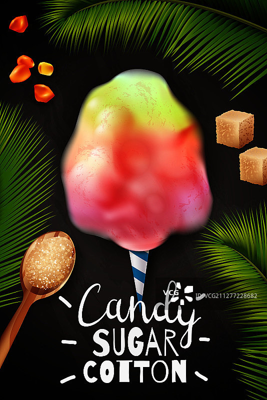 逼真的糖果棉花糖海报，棉花糖被棕榈叶和文字矢量图环绕图片素材