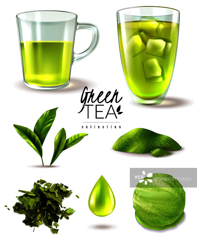 逼真的绿色冰茶套装，包含成熟茶叶杯和冰淇淋勺矢量图图片素材