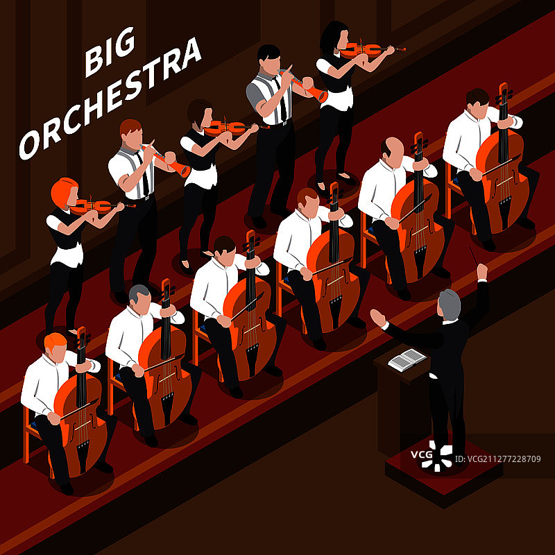 管弦乐队音乐家和指挥在古典音乐会上表演2.5D矢量图图片素材
