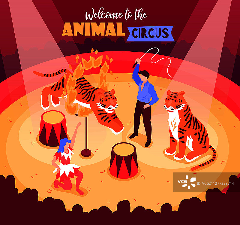 2.5D马戏团表演者与动物和艺术家在竞技场上表演矢量图图片素材