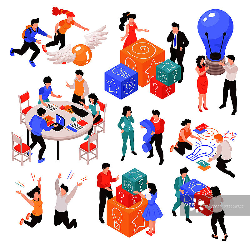 2.5D团队协作头脑风暴创意过程情景素材，包含人物角色和各种物品图片素材