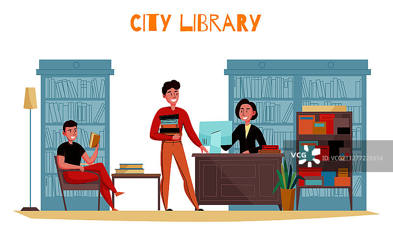 传统风格图书馆内景扁平化设计：顾客阅读书籍，咨询图书管理员，背景为书架矢量图图片素材