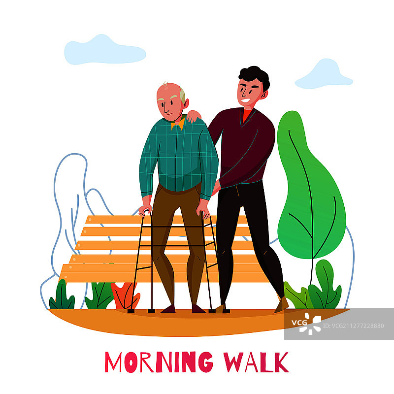敬老院日常老年人帮助扁平化场景，残疾老人与志愿者一起晨练矢量图图片素材