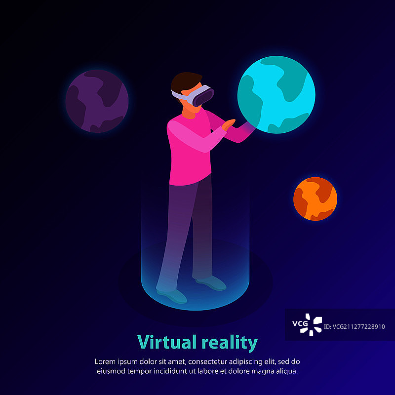 2.5D AR眼镜男人触摸星球3D插画图片素材