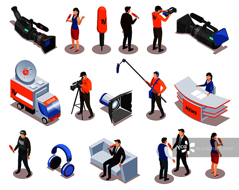 广播等距图标集，包含新闻记者评论员和参与脱口秀和访谈的人员矢量图图片素材