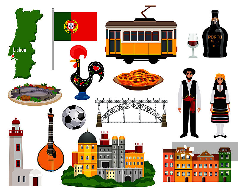 葡萄牙旅游图标集，包含美食和地图符号，扁平隔离矢量插图图片素材