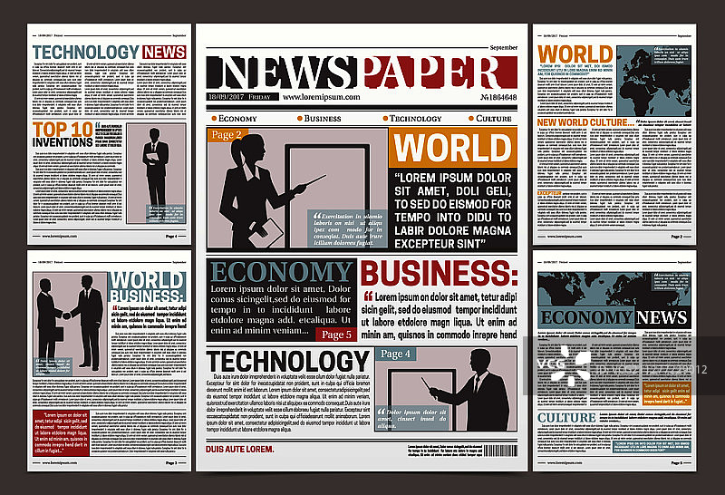 包含金融文章和广告信息的新闻报纸模板设计扁平矢量图图片素材