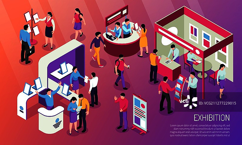 展会横幅插画：参观者观看广告产品，顾问在展位上，2.5D矢量图图片素材