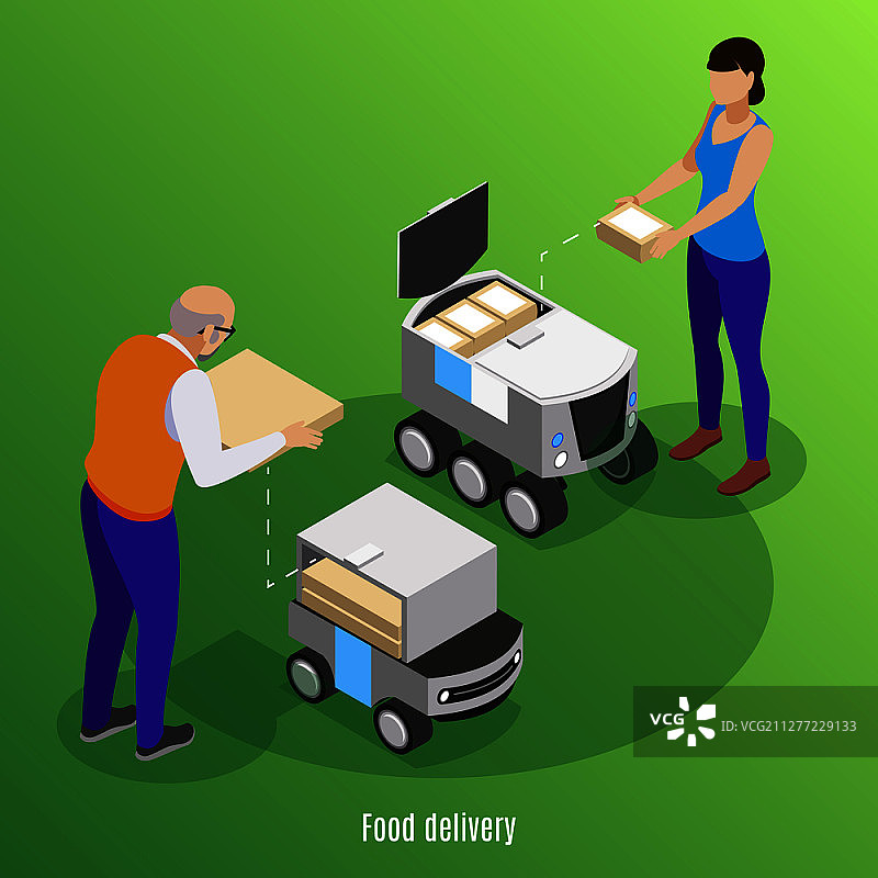 食品配送2.5D背景：人们将披萨和寿司装入自动驾驶机器人车图片素材