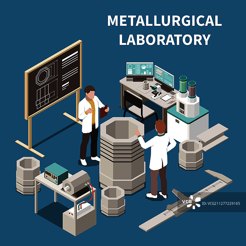 冶金实验室中的金属工业2.5D图，包含两人，3D矢量素材图片素材