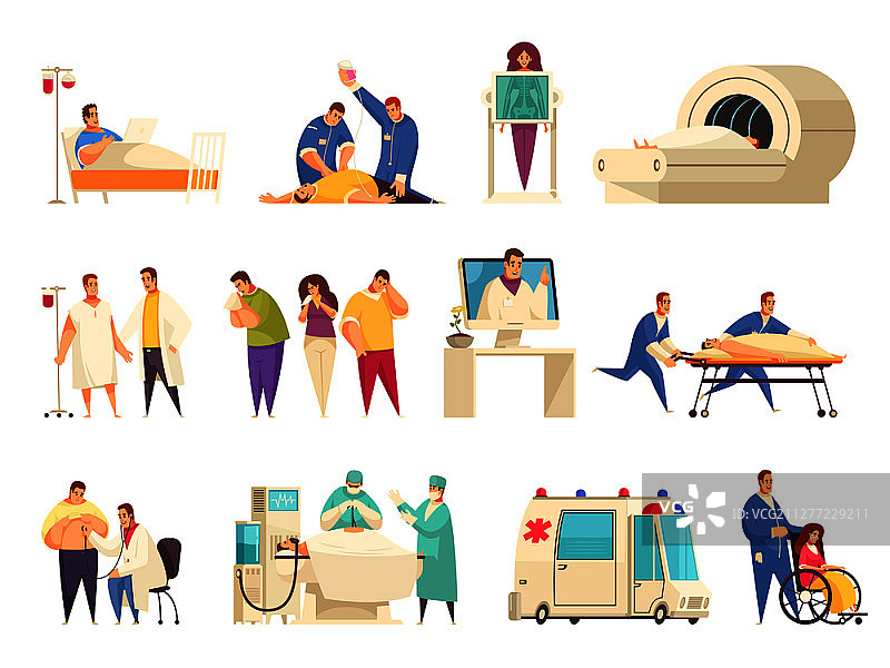 医疗隔离图标集：急诊、疗养院、住院、复苏、核磁共振等矢量图图片素材