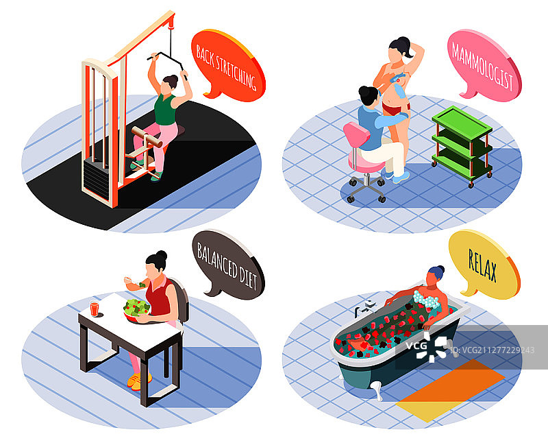 女性健康2x2设计概念集，包括背部伸展、均衡饮食、放松和乳腺科医生方形图标等距矢量插图图片素材