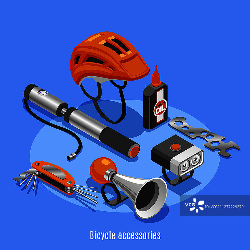 自行车配件背景：头盔、打气筒、喇叭、扳手、链条油等距矢量图图片素材