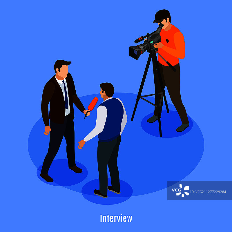 电视广播等距背景，包含拍摄团队和采访人员矢量素材图片素材
