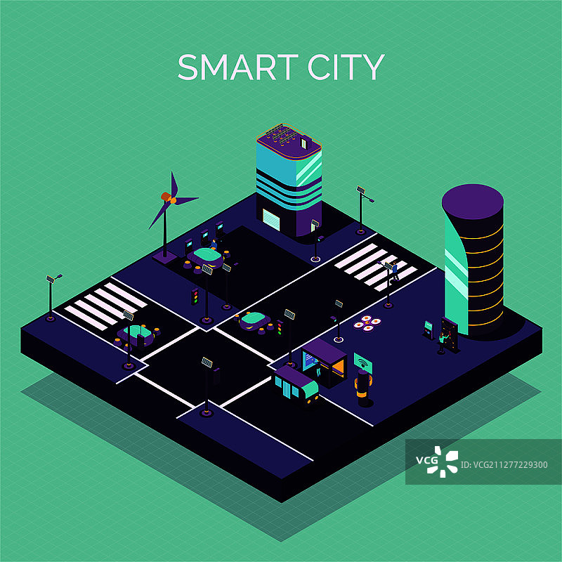 2.5D智慧城市构成：未来街道景观、现代建筑和电动汽车载具矢量素材图片素材