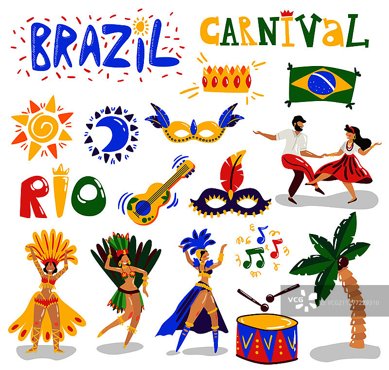 巴西狂欢节庆祝活动，包含音乐器材、舞蹈演员服装、面具和旗帜的矢量素材图片素材