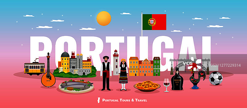 葡萄牙旅游概念，包含美食、人物和景点标志的扁平矢量图图片素材