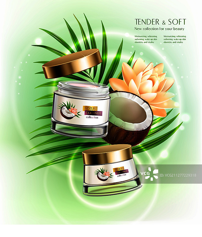 手和面部奢华滋养霜，含椰子油补水，逼真构图与棕榈叶矢量图图片素材