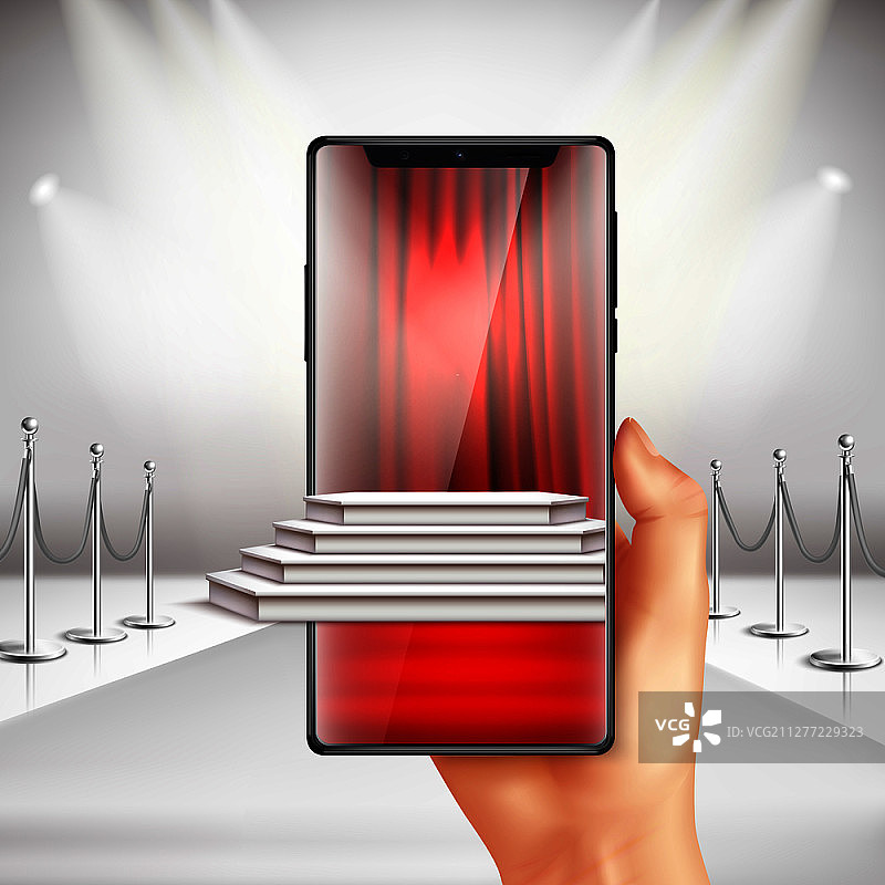 全屏智能手机显示增强现实App准备红毯颁奖典礼的逼真合成矢量图图片素材