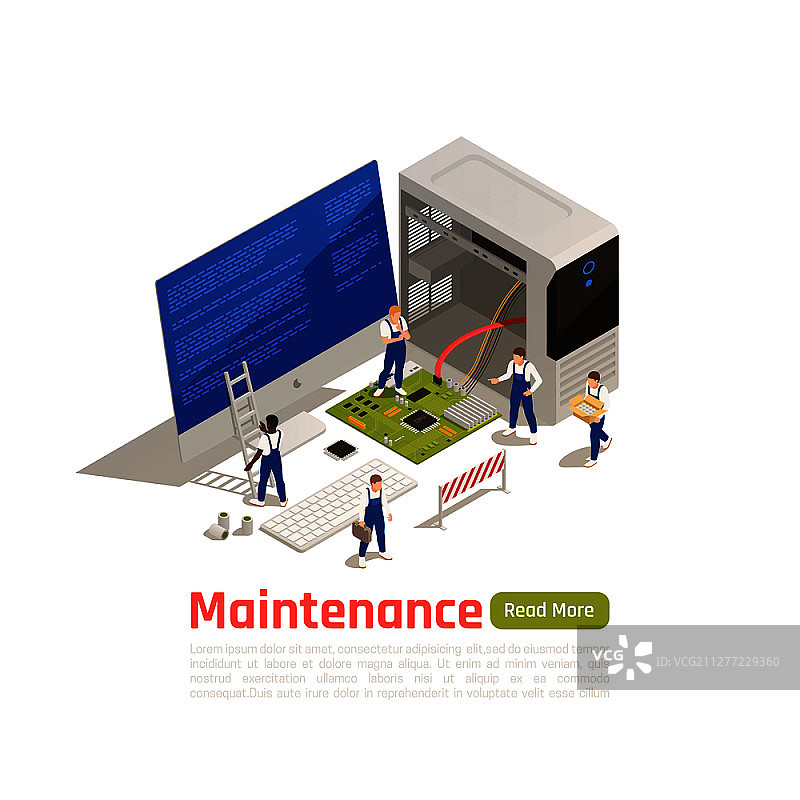 围绕大型计算机拆解系统单元图标的小型技术人员的维护2.5D设计概念矢量图图片素材
