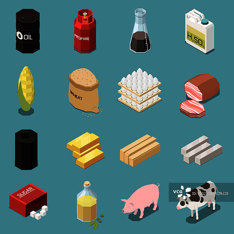 包含工业和制成品、动物和食物的十六张商品等距图标图片素材