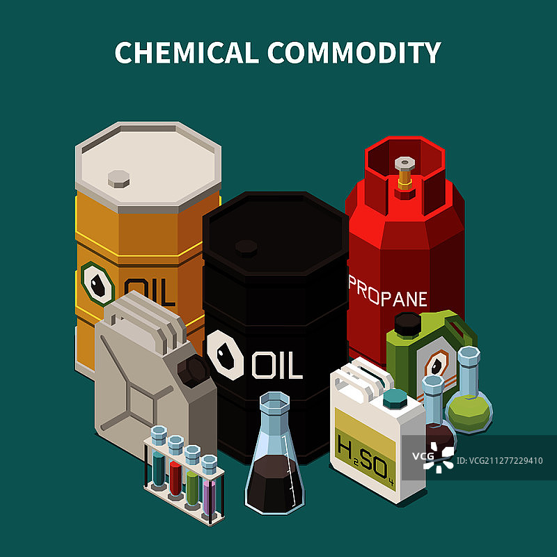 2.5D商品组合：包含油罐、气罐、药瓶和玻璃管的彩色图像矢量图图片素材