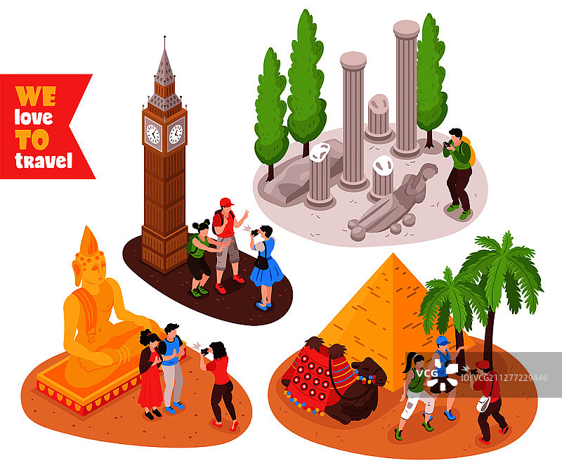 游客参观埃及金字塔、伦敦大本钟、罗马等地的2.5D旅行概念图图片素材