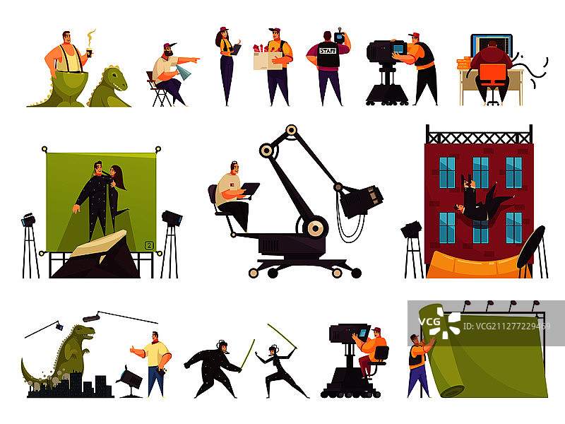 电影制作场景扁平风素材：剧组、演员和拍摄场地图片素材