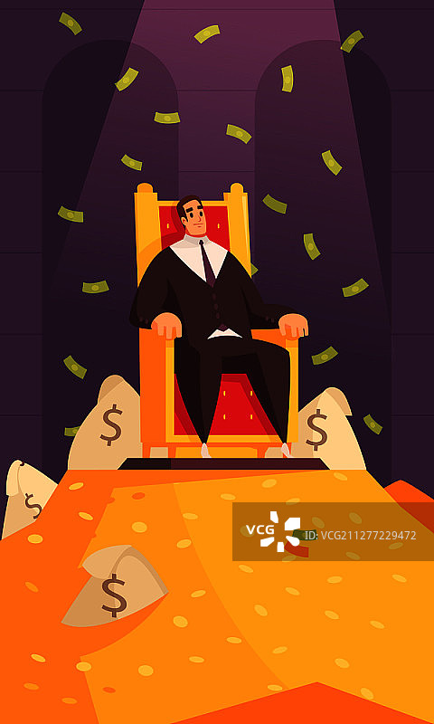 富人财富象征卡通构图，百万富翁坐在宝座上，沐浴在金钱中图片素材