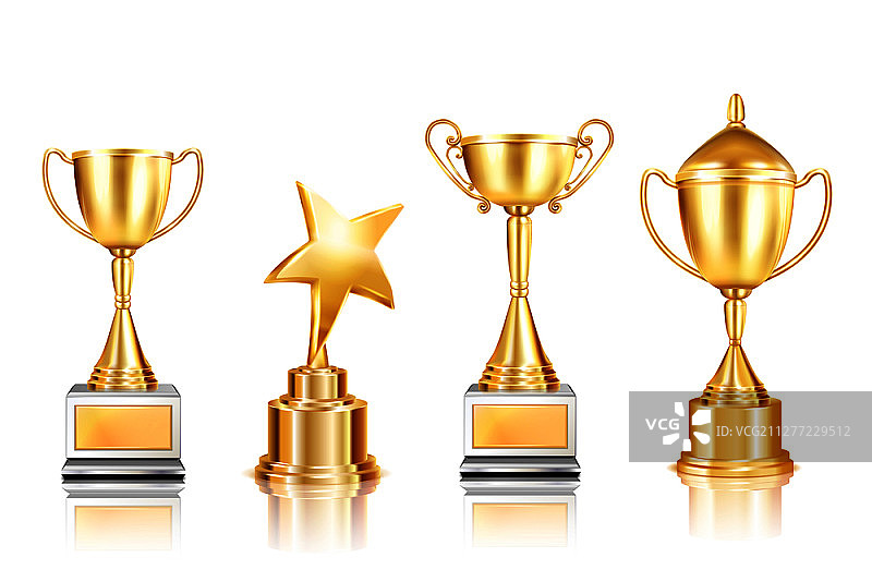 四款奖杯颁奖写实图片，含带底座的奖杯，在空白背景上具有倒影的矢量图图片素材