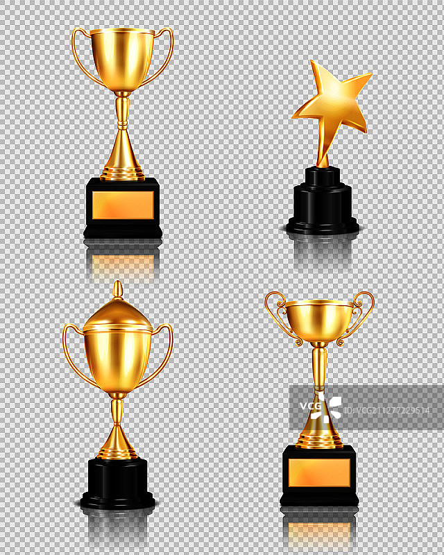 透明背景上不同形状金杯的逼真奖杯图片素材