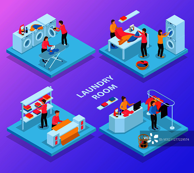 2.5D洗衣房场景：洗衣服务、纺织品及人物矢量图图片素材