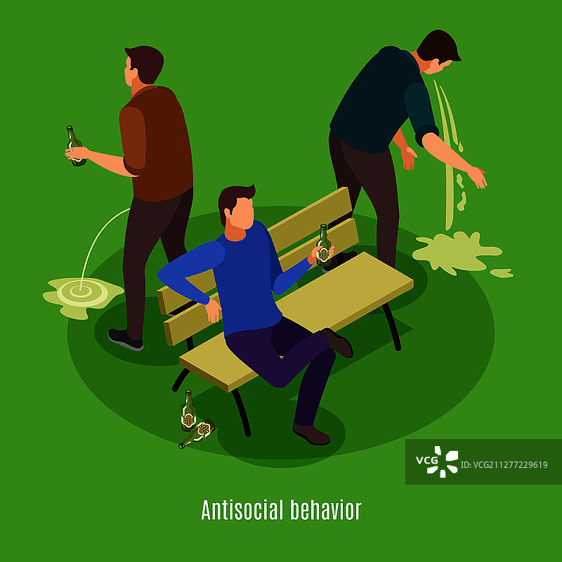 酗酒体征、症状和醉酒中毒等距背景海报：沉迷于过度饮酒的男人行为矢量插画图片素材