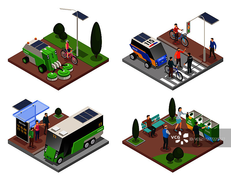 智能城市生态2.5D等距4合1组合：电动汽车、垃圾箱和人群矢量插图图片素材