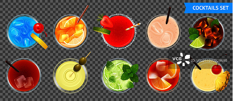 透明鸡尾酒顶视图矢量素材，包含真实水果图片素材