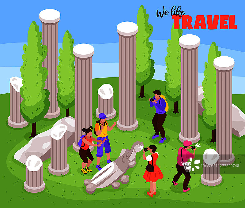 游客在古董地标雕塑柱子间拍照的旅游等距合成图图片素材