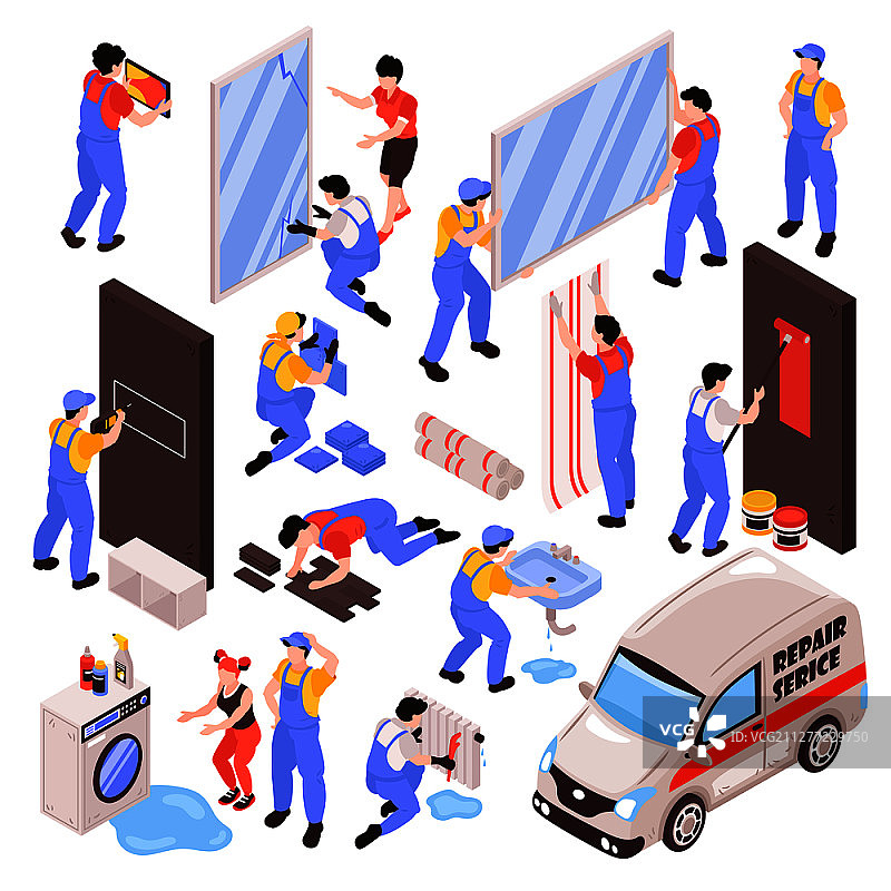 房屋装修维修改造专业服务团队任务2.5D素材，包括悬挂橱柜、框架房间矢量插图图片素材