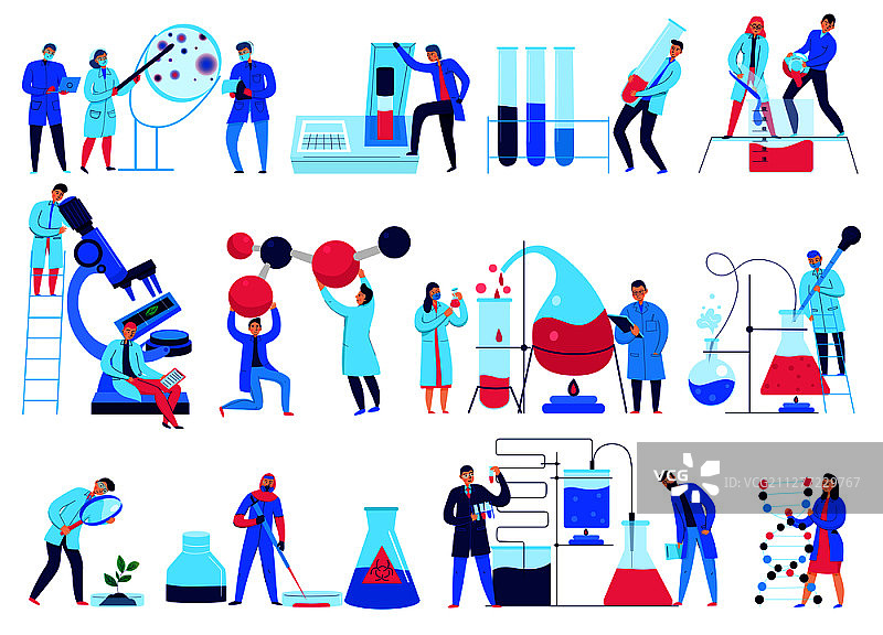 科学家在科学实验室工作的扁平风格图标图片素材