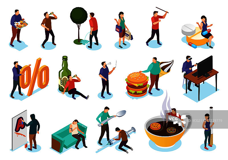 2.5D不良嗜好成瘾组合，包含人物和成瘾物品的孤立图像图标矢量图图片素材