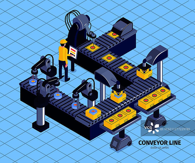 2.5D机器人自动化工厂：自动化装配线和机器人手臂操作器图片素材