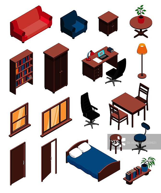 私人室内物品2.5D等距图标集：沙发桌梳妆台椅子书桌落地灯矢量图图片素材