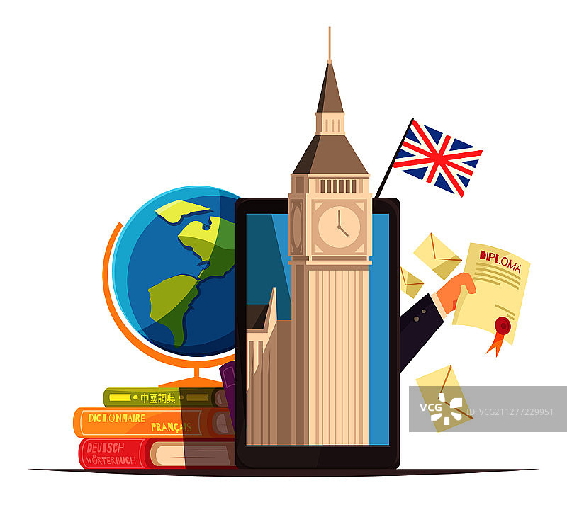 在线语言中心课程广告：含国旗、文凭、平板电脑、大本钟、词典矢量图图片素材