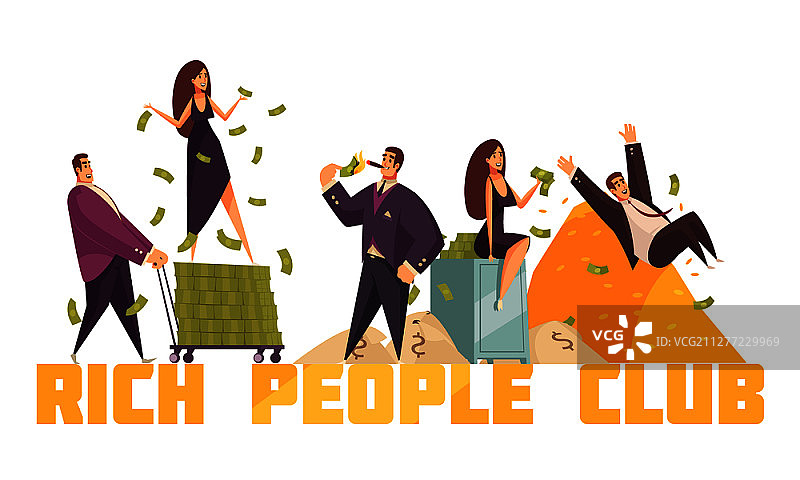 拥有百万富翁从钱堆上滑下来的名人俱乐部标题图片素材