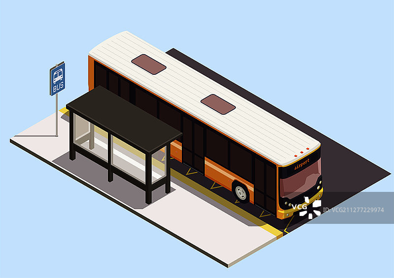 蓝色背景巴士站交通场景3D矢量图图片素材