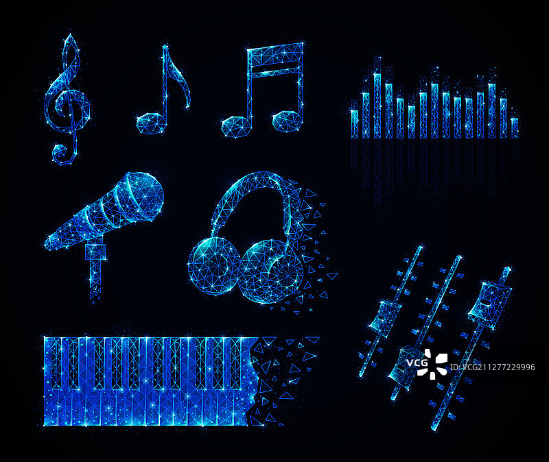 音乐媒体多边形线框发光图像素材（音符、麦克风、耳机和琴键）图片素材