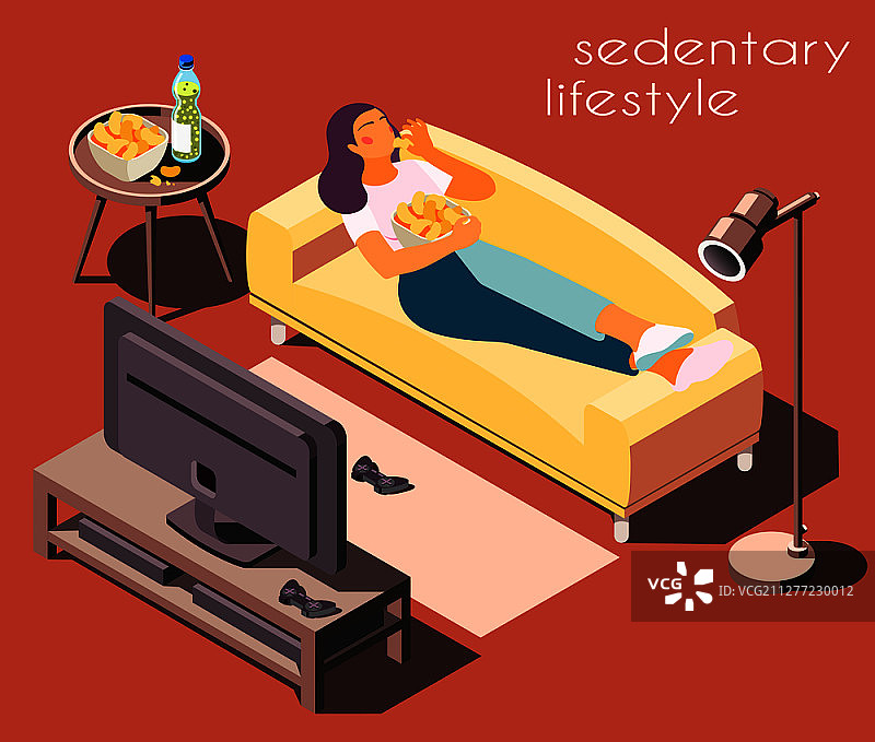 久坐的生活方式等距背景，包含客厅家具、电视和躺在沙发上的女人矢量图图片素材