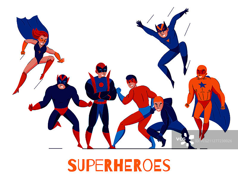 漫画书视频电脑游戏超级英雄扁平元素海报，含超人和神奇女侠矢量插画图片素材