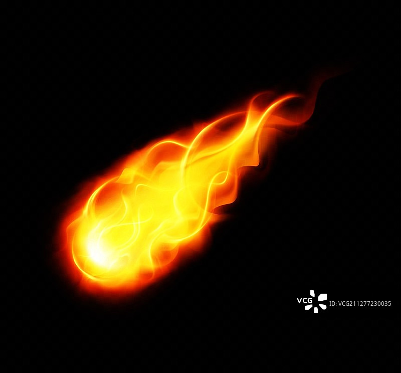 黑色背景上燃烧的黄色飞行天文物体的逼真火球海报矢量插图图片素材